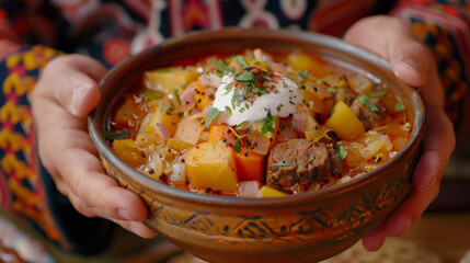 Wall Mural - Colorful homemade ukrainian borscht in a ceramic bowl, adorned with sour cream and fresh herbs, held by hands