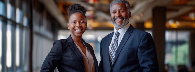 smiling black businessman and businesswoman in a suit standing, on a office interior background. Business success concept. a male manager and a female director in a modern office space. generative AI