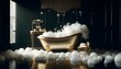© disamirr - Luxurious bathroom scene with a golden bathtub filled with bubbles, surrounded by elegant decor and soft lighting, perfect for a relaxing and indulgent bath experience.