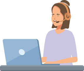 Poster - Friendly female customer service agent with headphones working on a laptop
