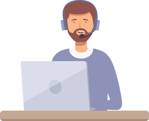 Poster - Illustrated male call center employee with headset working on a laptop