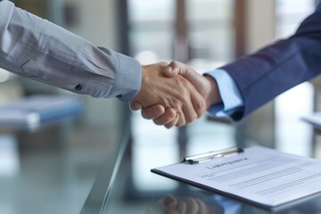 Business Professionals Handshake Over a Glass Table with Signed Contract in Modern Office Space - Ideal for Corporate, Partnership, and Agreement Concepts