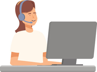 Poster - Smiling customer support agent with headset working at a computer station