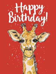 Giraffe and Happy Birthday Calligraphy on Red, celebration, greeting card, festive