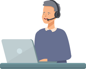 Poster - Smiling male customer service agent with headset using laptop in a modern office setting