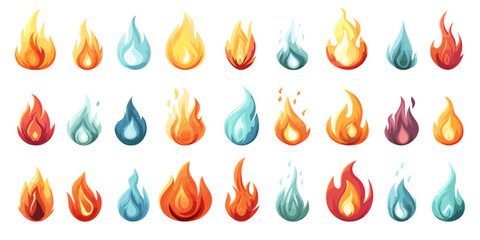 Wall Mural - Cartoon Variety of Flames Icon Set on White Background. Simple Cartoon Style, Fire Illustrations, Bright Flames, Vector Collection, Colorful Design, Heat Elements, Hot Cartoon Flames