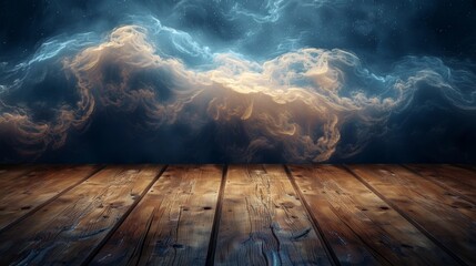 Wall Mural - Wooden floor with clouds in the background