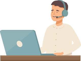 Poster - Vector illustration of a cheerful call center agent with headset, working on a laptop