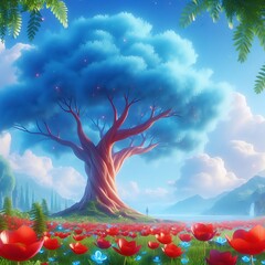 Wall Mural - A fantastical landscape with a prominent tree and vibrant flora under a surreal sky, evoking a sense of otherworldly wonder