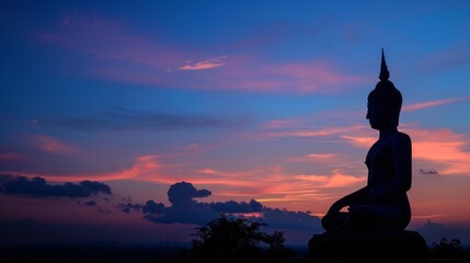 Silhouette of a reclining Buddha statue with a peaceful evening sky.