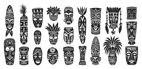 Tribal Symbols of Hawaiian and African Culture Icons Set. Black and White. Line Sketch with Crisp Contours on a White Background. Indigenous Hawaiian and African Designs, Tribal Patterns, Cultural