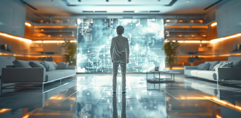 Aufkleber - A sophisticated and elegant digital person, seamlessly integrated into a modern and high-tech living room setting. Scene depicting breakthroughs every day. Generative AI.