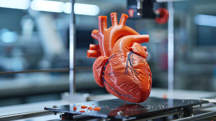 Wall Mural - 3D printer creating a detailed model of a human heart in a lab, showcasing advanced medical manufacturing technology.