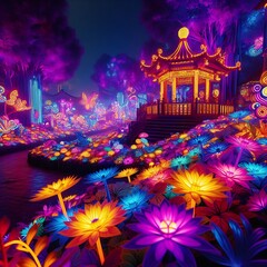 Wall Mural - A vibrant, fantastical landscape with neon-colored trees and plants under a purple and pink sky, creating an otherworldly and visually striking scene 