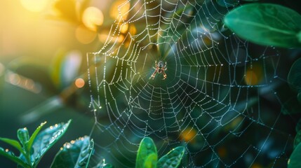 Poster - Spider weaving a web between the leaves with morning dew glistening.