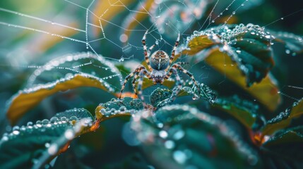 Poster - Spider weaving a web between the leaves with morning dew glistening.