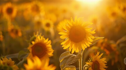 Poster - Sunflower field at sunrise with golden light illuminating the flowers.
