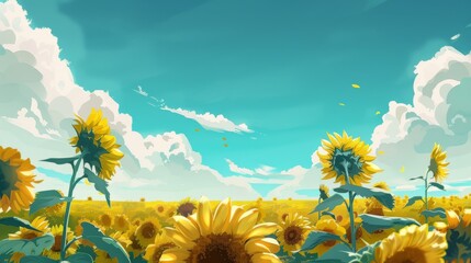 Poster - Sunflower field with a clear sky and fluffy white clouds.