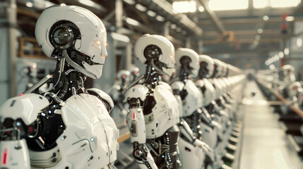 Wall Mural - A line of humanoid robots with intricate designs working on an assembly line in a modern, industrial setting.