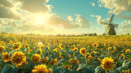 Poster - Sunflower field with a windmill in the distance under a bright sky.