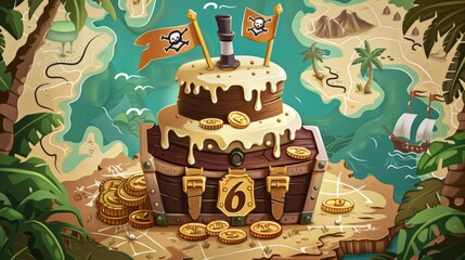 Wall Mural - Pirate Birthday Celebration with Treasure Chest Cake and Pirate Ship on Tropical Island - Perfect for Party Decor and Invitations