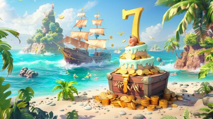 Wall Mural - Pirate Themed Birthday Banner with Treasure Chest Cake and Number 7 on Tropical Island for Party Decoration or Event Poster