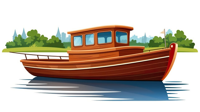 An isolated wooden boat on a lake against a stark white background