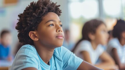 Poster - A boy is sitting at a desk in a classroom, surrounded by textbooks and school supplies. He appears focused on his studies.