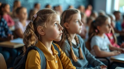 Poster - A group of diverse children, boys and girls, are seated in rows inside a classroom, focused on their teacher and learning materials.