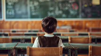 Poster - A boy is seated at a desk in front of a chalkboard, focused on his schoolwork.