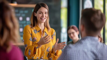 Successful female employee and team leader, training and mentoring a diverse group of subordinates at a corporate seminar