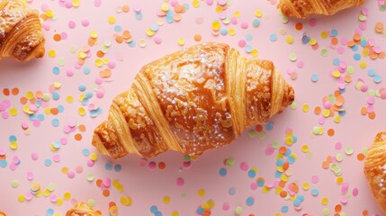 Wall Mural - A croissant with powdered sugar on top sits on a pink background with colorful confetti