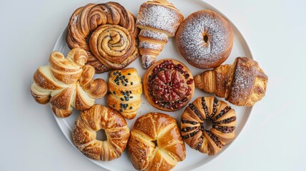Wall Mural - A white plate with a variety of pastries including donuts, croissants
