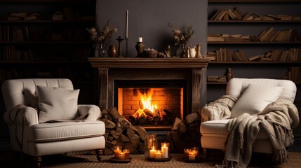 a cozy living room with a fireplace and two chairs