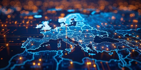 Wall Mural - a blue and orange map of europe with many lights on it