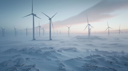 A field of wind turbines is shown in the snow