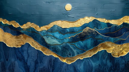 A painting of mountains with a gold moon in the sky