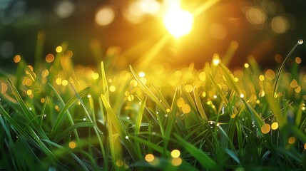 Poster - A green grass blades at sunrise, with a golden sunlight bokeh effect in the background that creates a warm and inviting spring atmosphere. Generative AI.