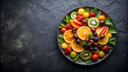 Wall Mural - Fresh Fruit Platter on a Black Modern Kitchen Background - Vibrant and Healthy Snack Image