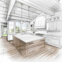 Sticker - architectural rendering of kitchen, edges drawn with lines, modern farmhouse design, white cabinets