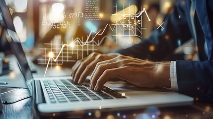 Leinwandbilder - Analysis, growth, and development of business data. On a laptop, a businessman is working on a financial report, a growth chart graph of the economy, and a global network connection. Generative AI.