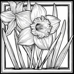 Wall Mural - black and white colouring book page for adults, thick outlines, daffodil