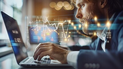 Poster - Analysis, growth, and development of business data. On a laptop, a businessman is working on a financial report, a growth chart graph of the economy, and a global network connection. Generative AI.
