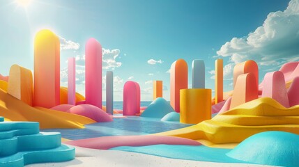 Wall Mural - Colorful abstract geometric shapes form a vibrant beach and sea scene, 3D clay style