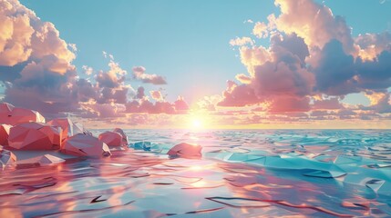 Poster - Realistic 3D render of a sunlit sea, geometric shapes forming a vibrant beach scene