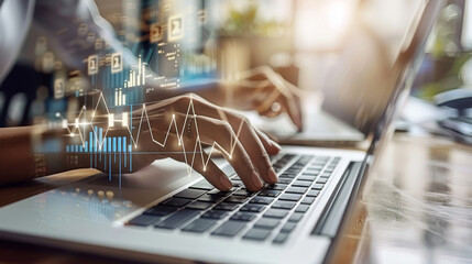 Leinwandbilder - Analysis, growth, and development of business data. On a laptop, a businessman is working on a financial report, a growth chart graph of the economy, and a global network connection. Generative AI.