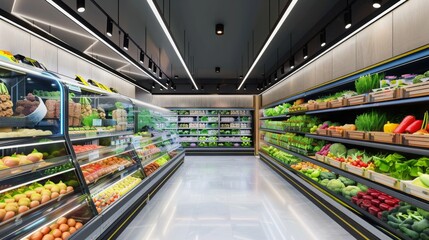 Supermarket with vertical farming systems for fresh produce, clean and modern design, sustainable and efficient layout 