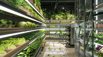 Supermarket with vertical farming systems for fresh produce, clean and modern design, sustainable and efficient layout 