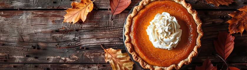 Wall Mural - A cozy, natural light scene capturing a whole pumpkin pie on a farmhouse table, whipped cream on top catching the gentle light, panoramic copy space at the top.