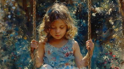 Young girl with birthmark playing on a swing